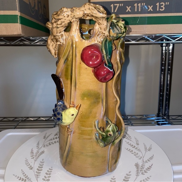 Shiwan Style Blue Glaze Majolica Large Vase w Bird Motif 11”High - Picture 11 of 11